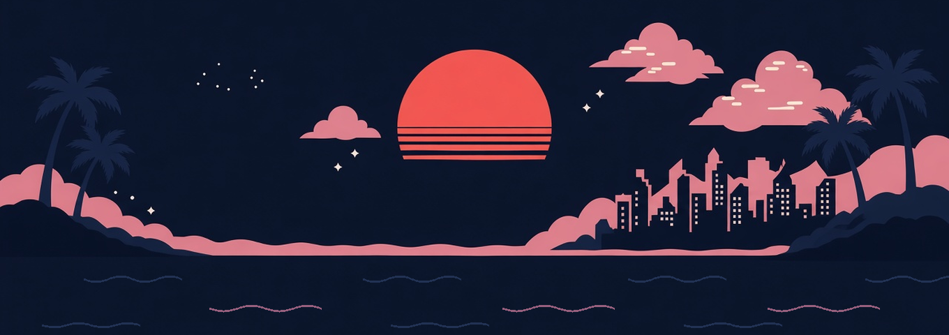 Flat illustration of a striped sunset over the sea with palms and a city skyline